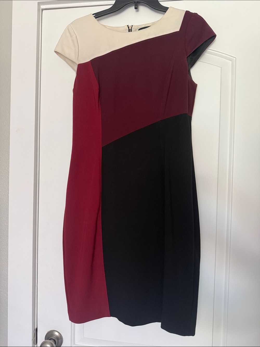 White House Black Market Burgundy, Black & Cream Colorblock Midi Dress